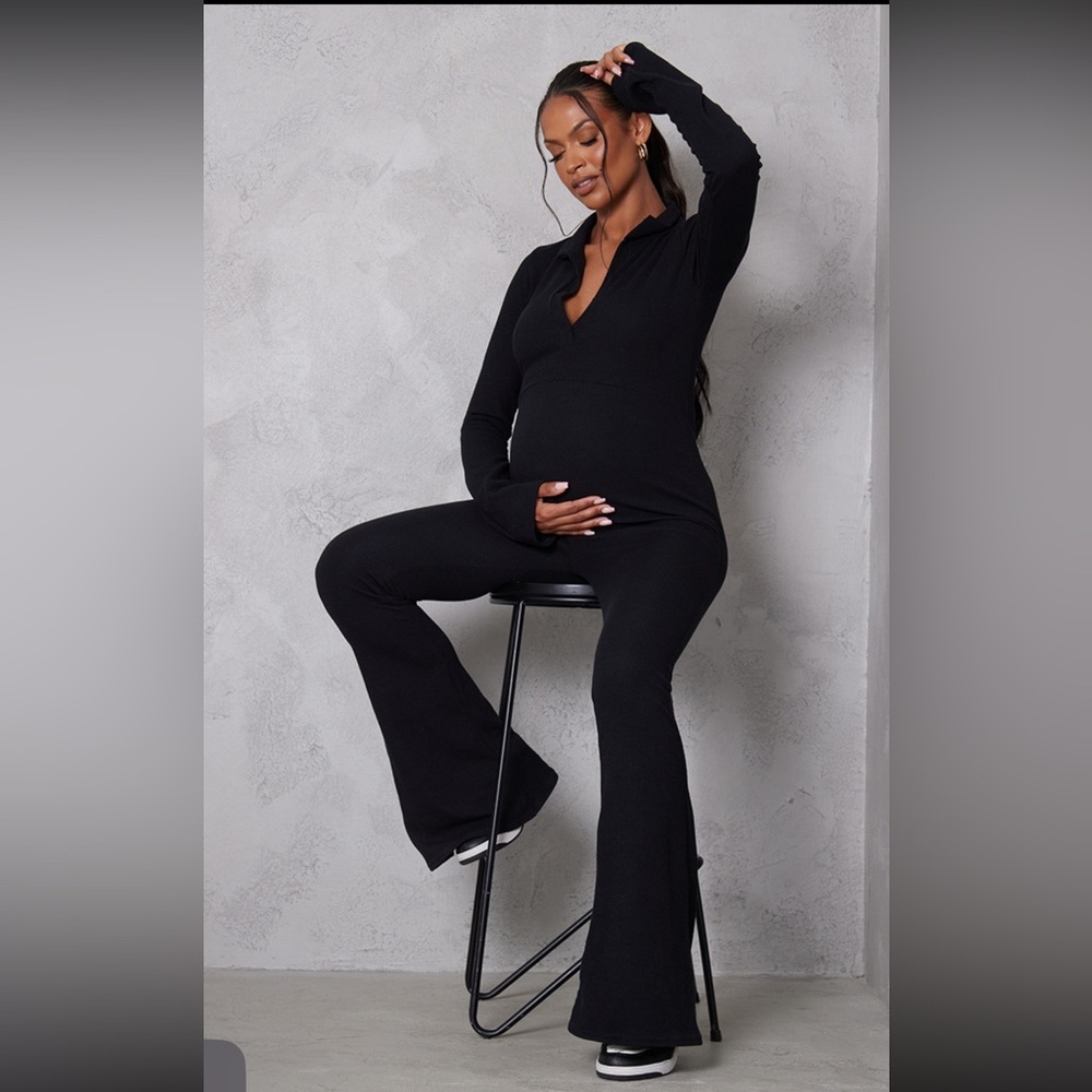 Maternity Black Ribbed Collar Long Sleeve Jumpsuit
